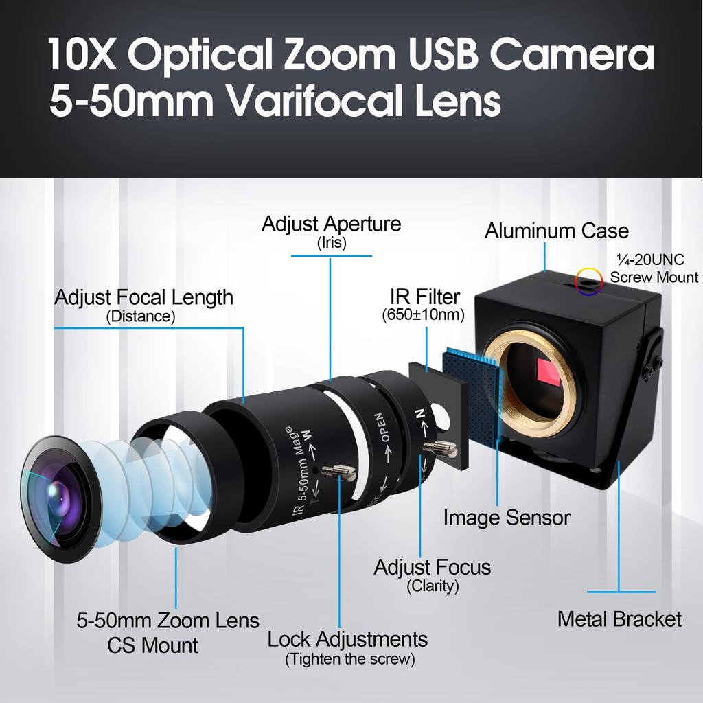 SVPRO 8MP USB Manual Focus Webcam with Varifocal Lens 10x Zoom External Camera for Laptops and UVC Plug and Play Camera, 5-50mm CS-Mount - PCs,