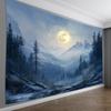 Moonlit Mountains Tapestry, Snowy Peaks and Pine Forest under Full Moon, Night Landscape Wall Hanging for Living Room Bedroom
