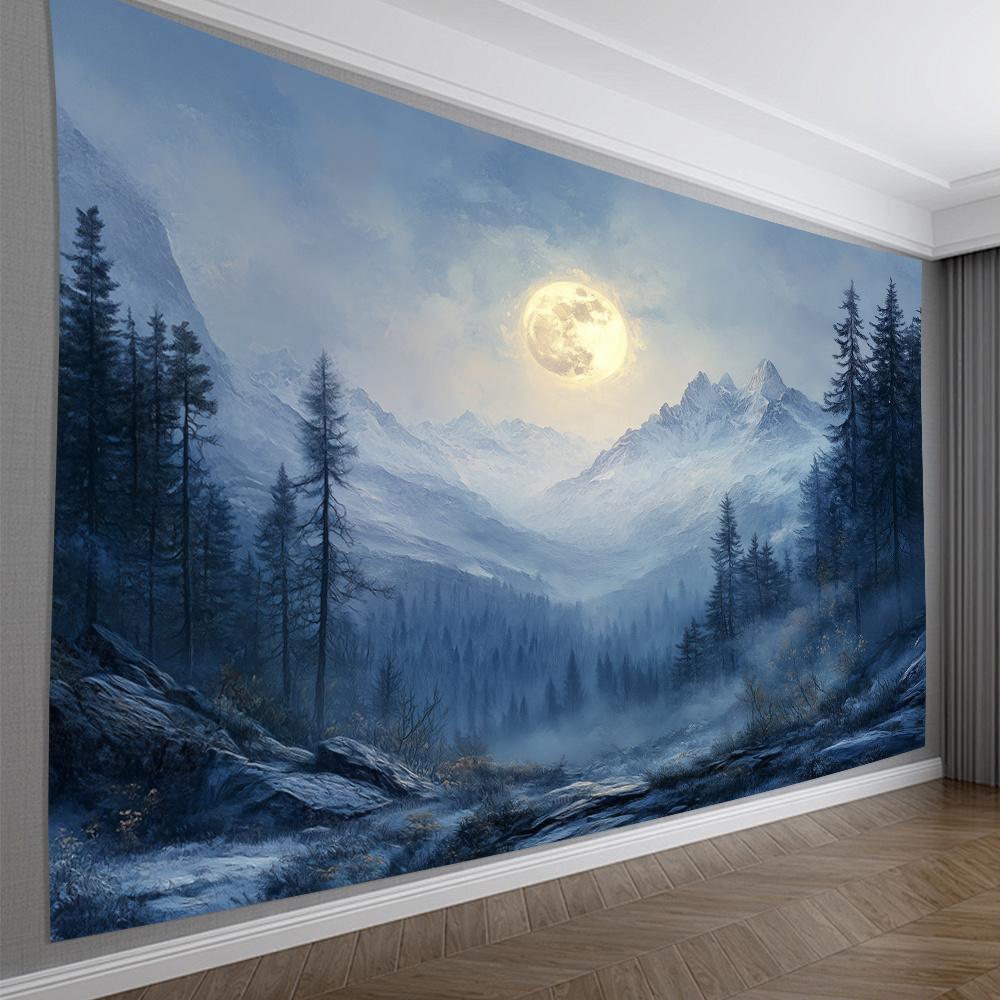 Moonlit Mountains Tapestry, Snowy Peaks and Pine Forest under Full Moon, Night Landscape Wall Hanging for Living Room Bedroom