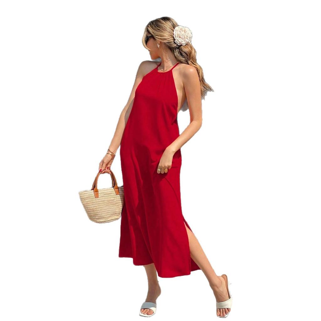 2026 new women's clothing halter neck halter lace-up dress summer seaside vacation style split-ended long dress