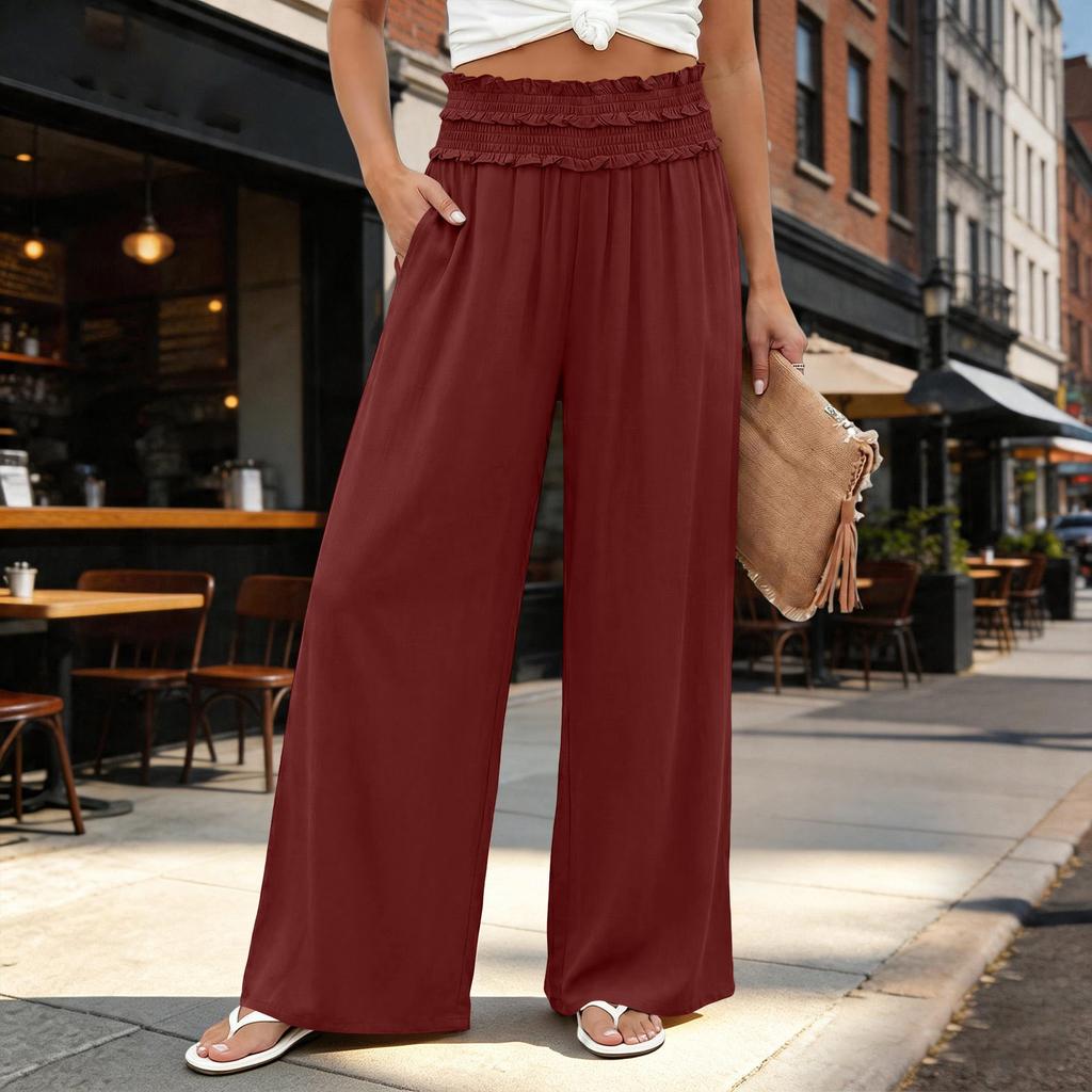 Women High Waist Loose Pleated Wide Leg Pants with Pockets Bohemian Style Lightweight Casual Trousers for Travel Summer Wear
