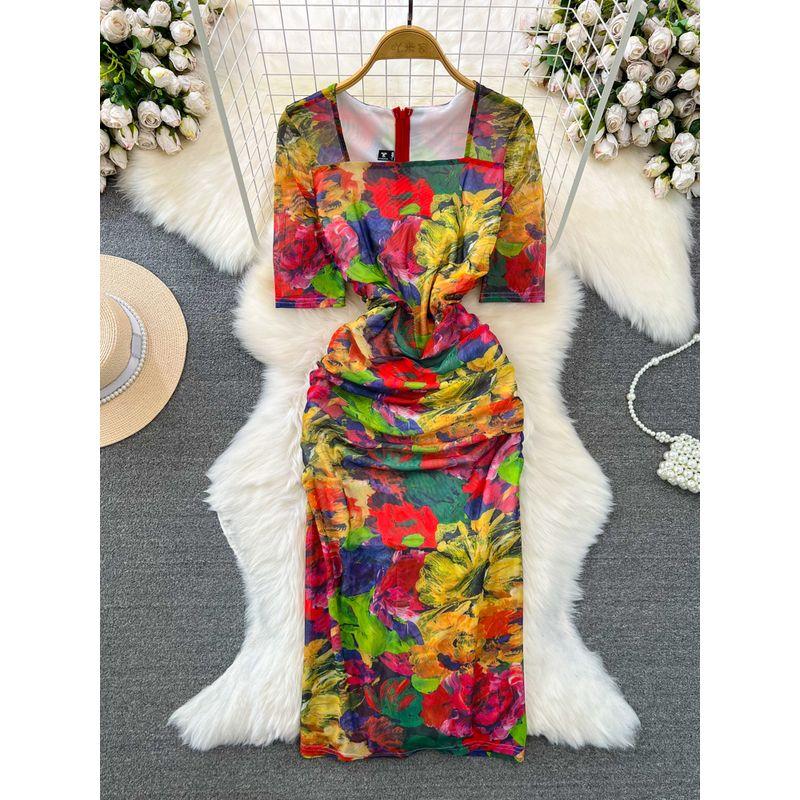 

Accessible Luxury Socialite Square Collar Oil Painting Print Dress Short Sleeve