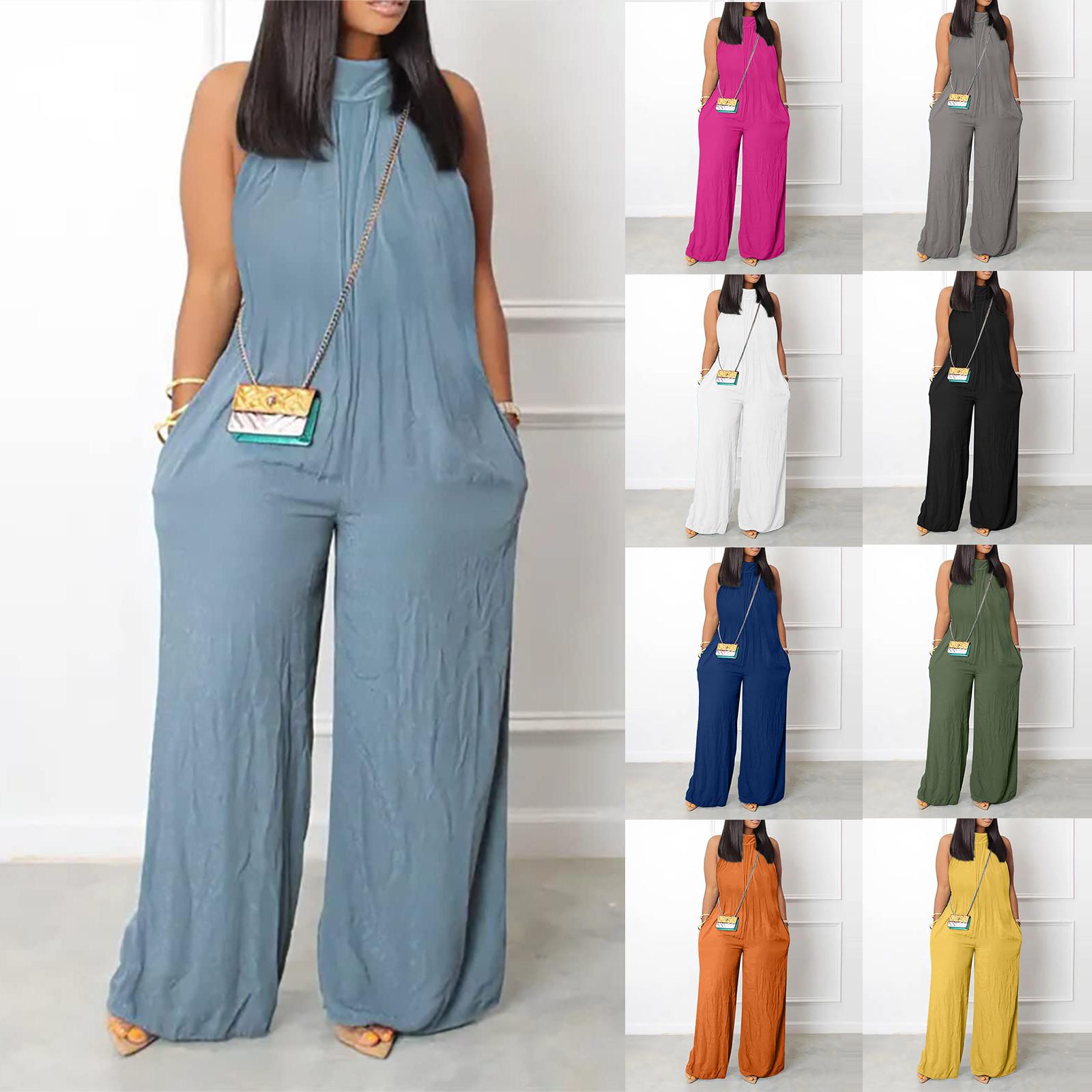 

Женские повседневные цельные комбинезоны с широкими штанинами, сексуальные однотонные комбинезоны с лямкой на шее, свободные летние формальные комбинезоны