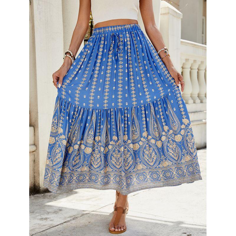 

Cross-Border Bohemia Cotton Silk Positioning Print Stitching Ruffle Sanya Holiday Travel Seaside Beach Skirt Skirt Blue XL