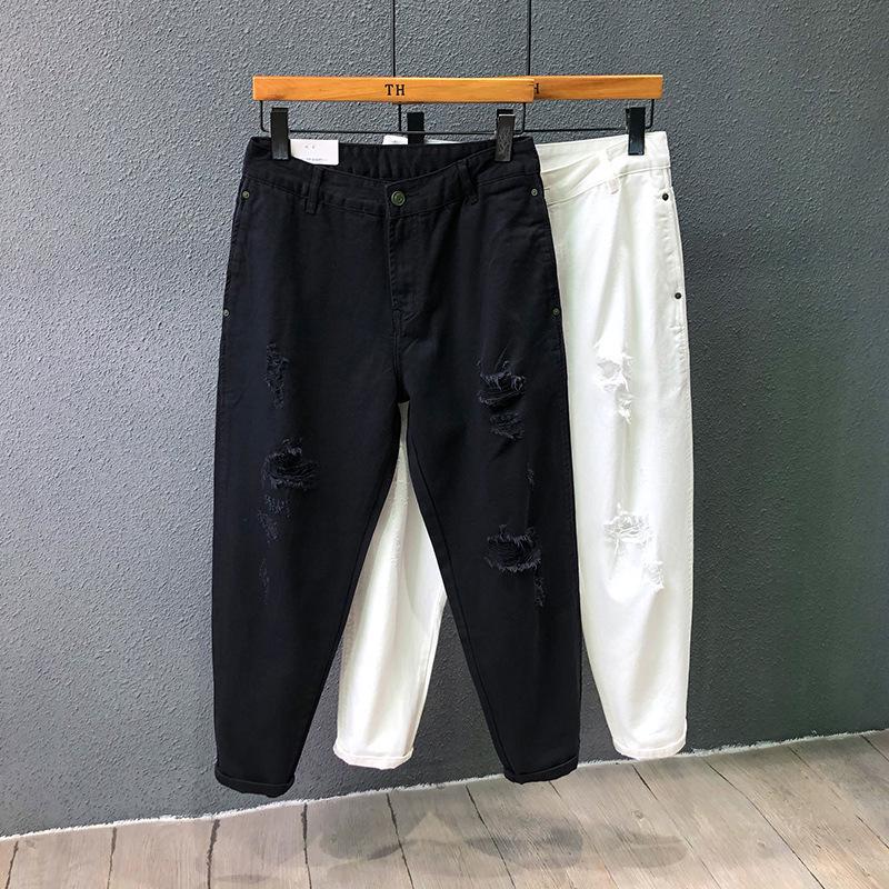 

Мужские черные рваные джинсы гаремы свободного кроя длиной девять точек - Большой размер, повседневные, прямого кроя. 33 чёрный