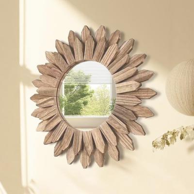 Yousheng Rustic Wood Sunflower Decoration Wall Mirror Flower Wood Frame Hanging Mirror Home Decoration for Living Room Bedroom Farmhouse