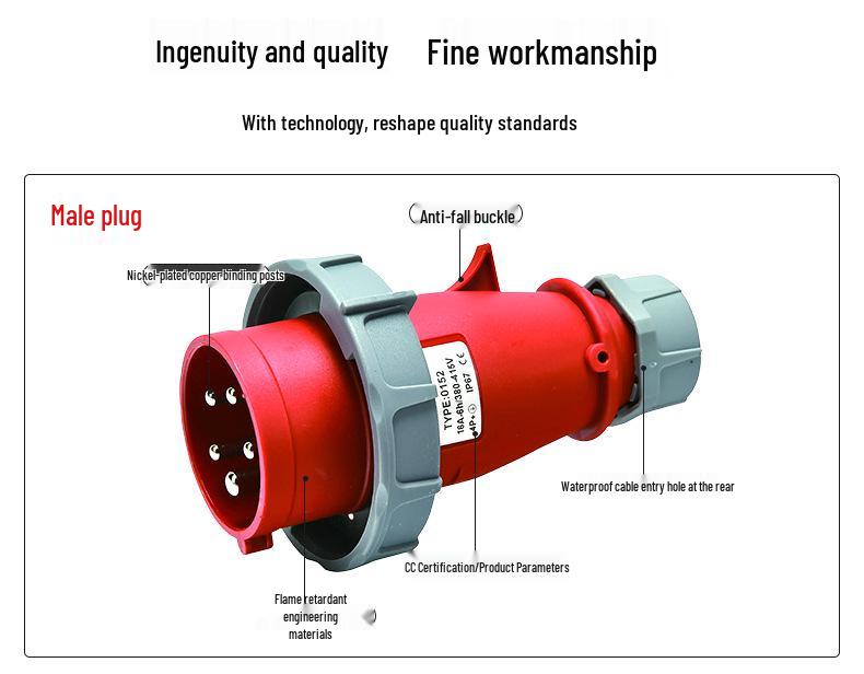 IP67 Aviation Plug Triangular Pin, Flame Retardant, 16A 3-Pin, Single-Phase 220V Socket