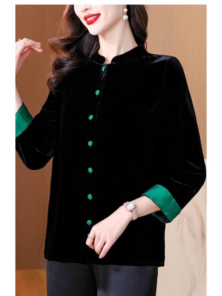 Damenmantel aus schwarzem Samt - Neuer chinesischer Stil Frühling/Herbst Lockerer Cardigan