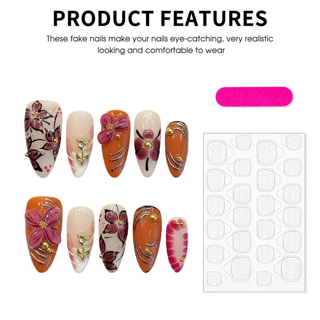 10Pcs Handmade Fake Nails With 3D Carved Petals Decor Almond Press On Nails Manicure Tool For Woman Detachable False Nails