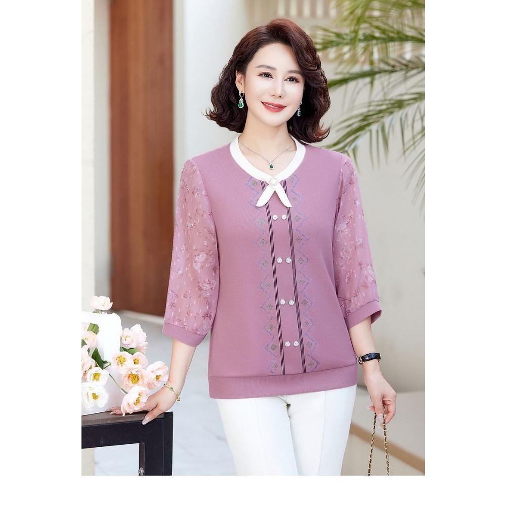 Middle aged and Elderly Mother's Spring and Summer Fashionable T-shirt Knitted Top with Print
