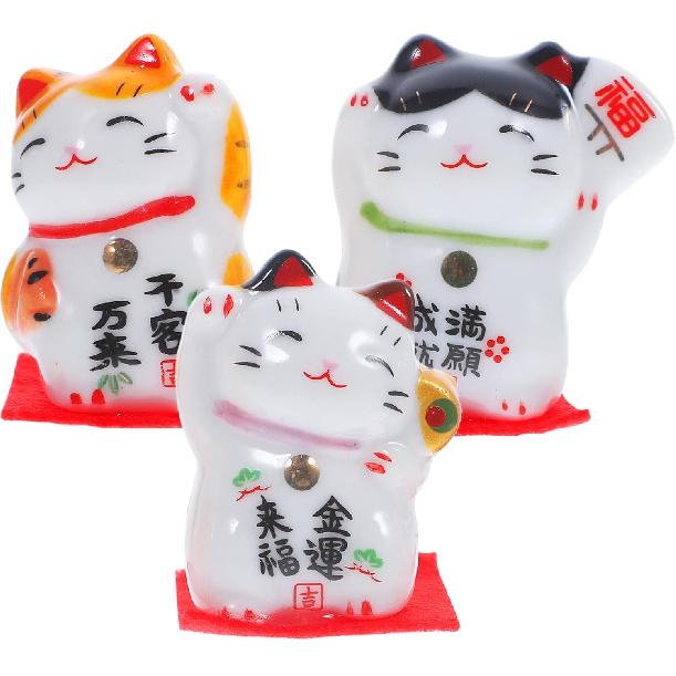 Wakauto 3 Pcs 1" Lucky Cat Statue Japanese Maneki Neko Waving Cats Ceramic Figurines Feng Shui Miniature Animal Statue Decoration for Shop, Home, Car