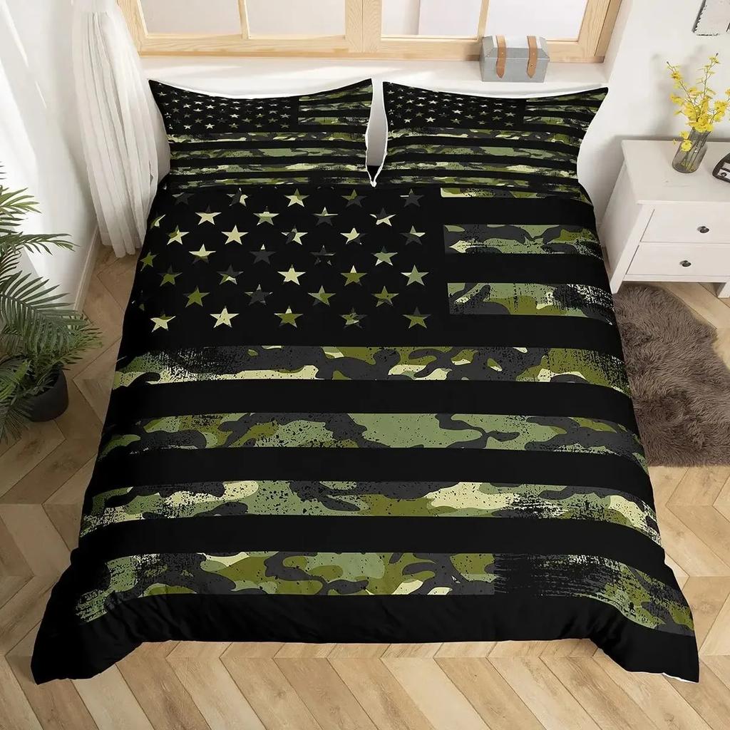 Jungen Armeegrün Bettbezug Set Doppel King Size, Klassisches Camouflage Bettwäscheset, USA Soldat Silhouette Bettdeckenbezug Steppdeckenbezug