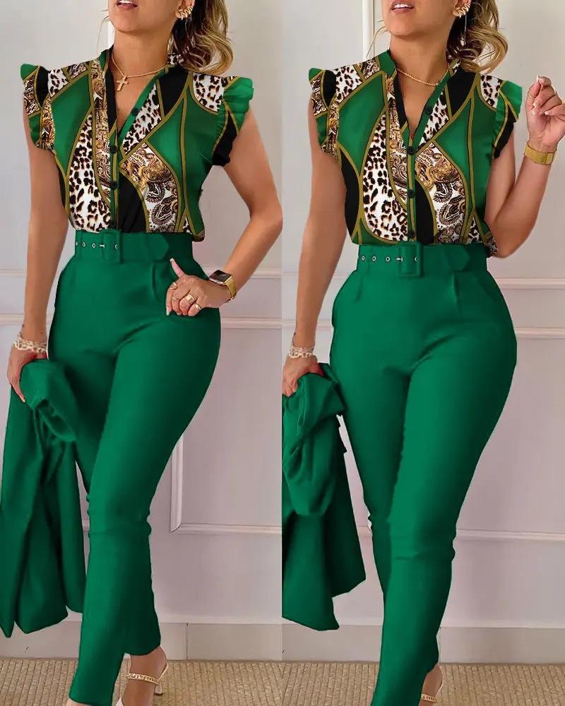 Two Piece Sets Women Outfits Elegant Single Breasted Short Sleeve Top Work Pants Casual Suit