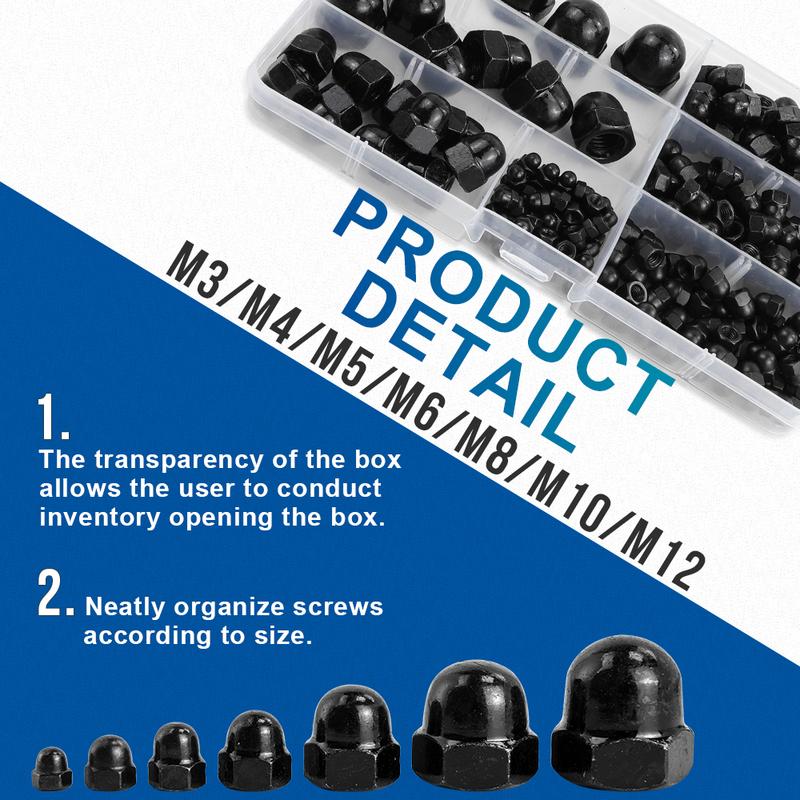 NINDEJIN 190pcs Cap Nut Set Black Carbon Steel M3 M4 M5 M6 M8 M10 M12 Hexagon Acorn Nut Cover Dome Nut