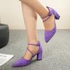 High Heel Hollow Fashion Women's Shoes 2025 Summer New Large Size Pointed Buckle Thick Heel Women's Sandals Purple Heels