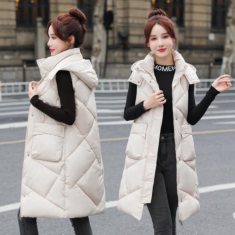 Autumn and winter new medium and long thin large size hooded thickened down cotton jacket vest women's vest vest tide
