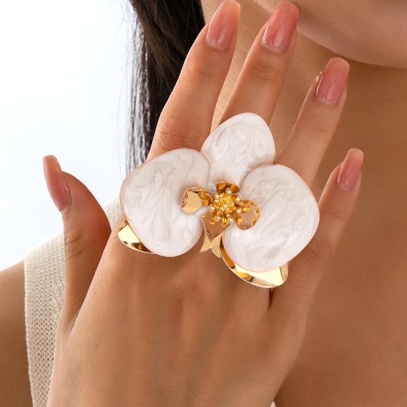 Exaggerated Metal Flower Ring For Women Dripping Oil Irregular Opening Adjustable Finger Jewelry Accessories