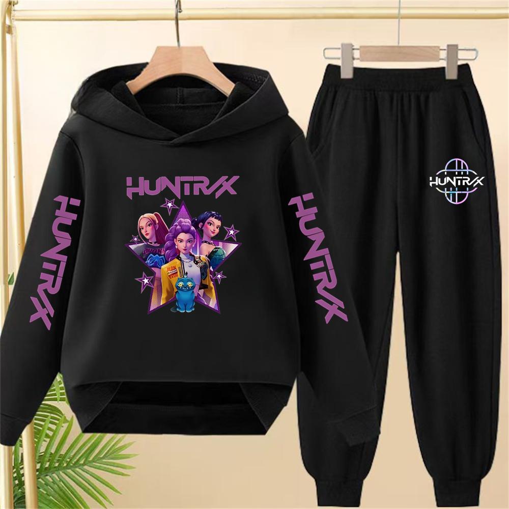 Children pink Hoodie KPop Demon Hunters Print Black Boys Girls Coat Sweatshirt+Pants Toddler Clothes autumn winter Set