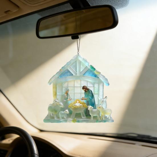 Seaglass Nativity Hanging Ornament Coastal Sea Glass Birth of Jesus 2D Acrylic Hanging Decoration Christmas Tree Holiday Religious Pendant