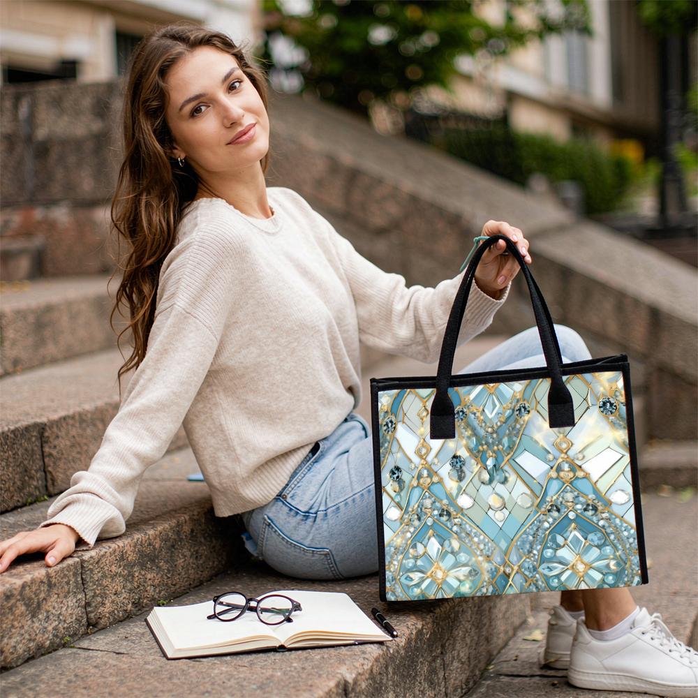 Blue Geometric Pattern Tote Bag Fashion Large Capacity Shoulder Bag for Daily Use