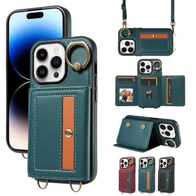 PU Leder Faltkartenfächer Geldbörse Fingerring Schnalle Umhängetasche Handyhülle für iPhone XS,XR,XS Max, iPhone 7,8,7Plus,11,11Pro,11Pro,12,13,14,15...