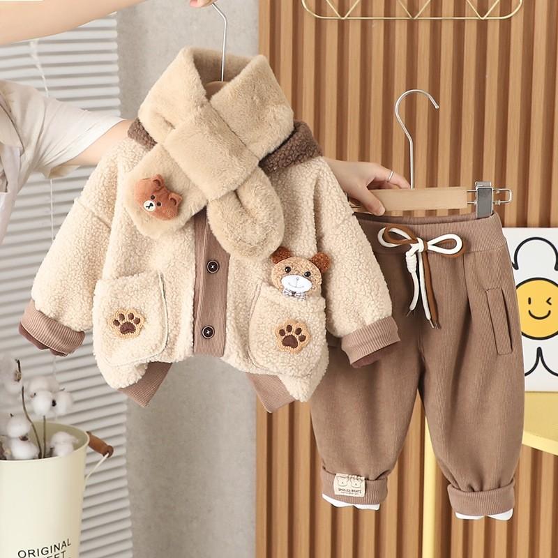 Girl Baby Clothing Set Boys Winter Plush Set Baby Children Thick Coat Pants Two Piece Set