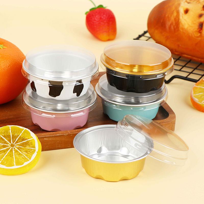 50Pcs Round Baking Cups Aluminum Foil Wih Lids Reusable Cupcake Cups Desserts Flans Cake Pudding Jello Cups Kitchen Tools
