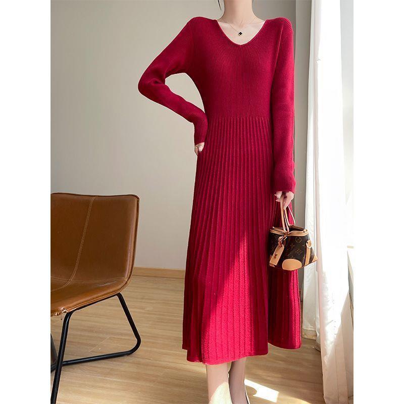 

Plus Size Knee-Length Winter Dress for Women - Thick Knit Layer Elegant Outerwear S [Recommended 70-90 jin] вина червоного кольору