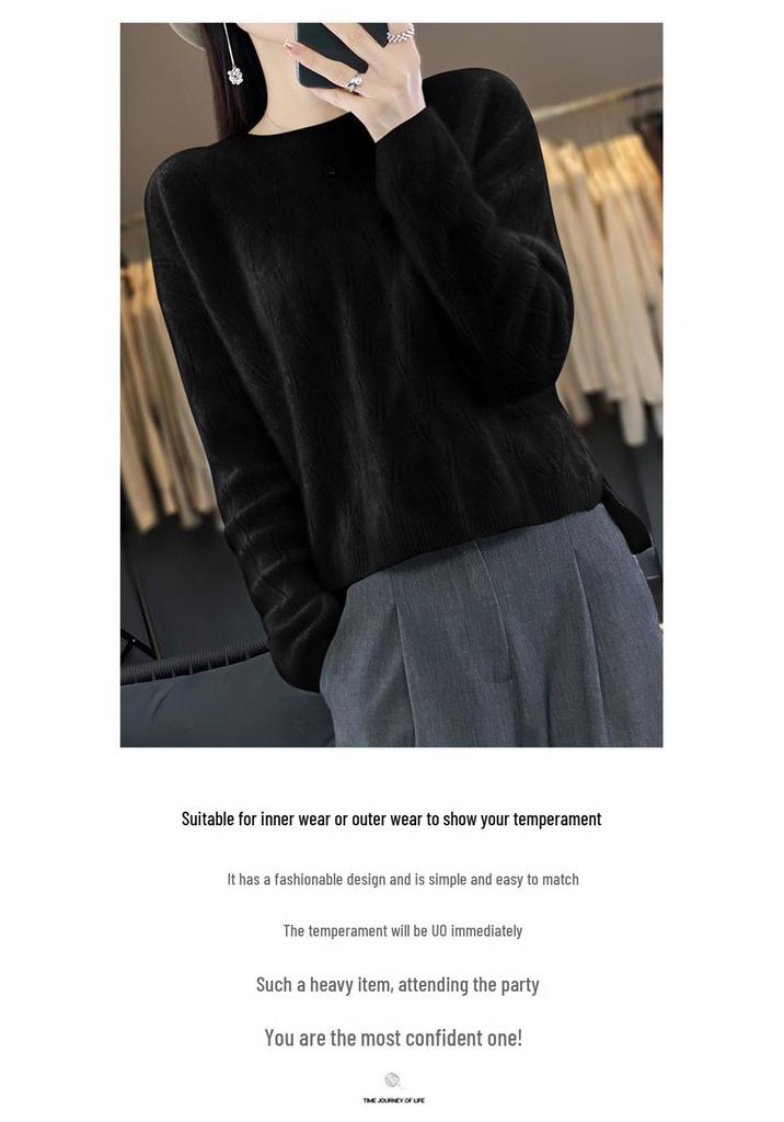 2023 Women's Long Sleeve Wool Knit Pullover - Loose Fit, Round Neck, Solid Color, Autumn/Winter Jacquard Style