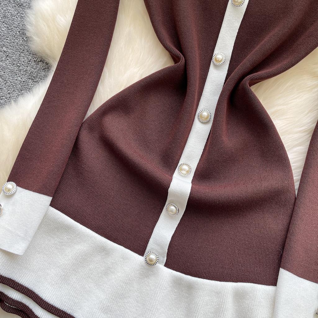 Rochie tricotată elegantă chic cu mânecă lungă și nasturi simpli, Modă coreeană elegantă, Rochie Vestidos, îmbrăcăminte pentru femei
