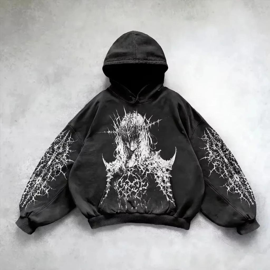 Retro gotická grafická potisk Hip Hop mikina s kapucí pro muže Y2k Grunge Punk ležérní volný pulovr dámská streetwear mikina s kapucí
