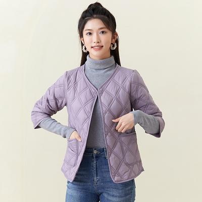 New Rhombic Lattice Seven-point Short Sleeve Slim Down Cotton Outwear Pockets Thin Light Autumn Winter Fashion Women Casual Jackets Coat