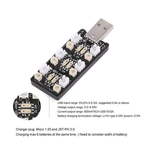 1S LiPo USB Charger | 6 Independent Channels | Compatible with RC Drones & Helicopters | Micro JST 1.25 & JST-PH 2.0 Connectors | Black