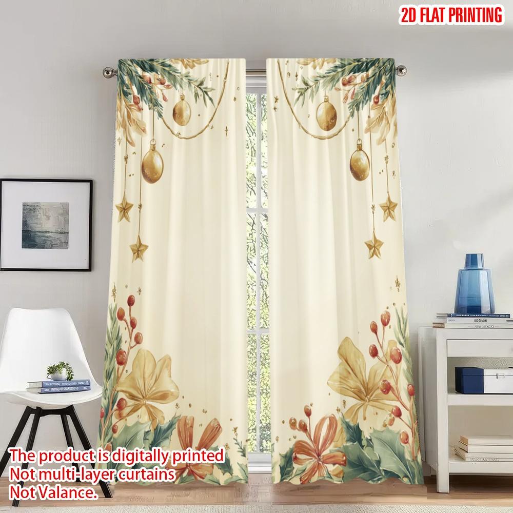 

Set Of 2 Flat Printing Merry Christmas Curtains Ornament Holly Garland Bows Digital Printed Polyester Drapes Party Curtain W100*H70(CM)-Rod Pocket&1PCS