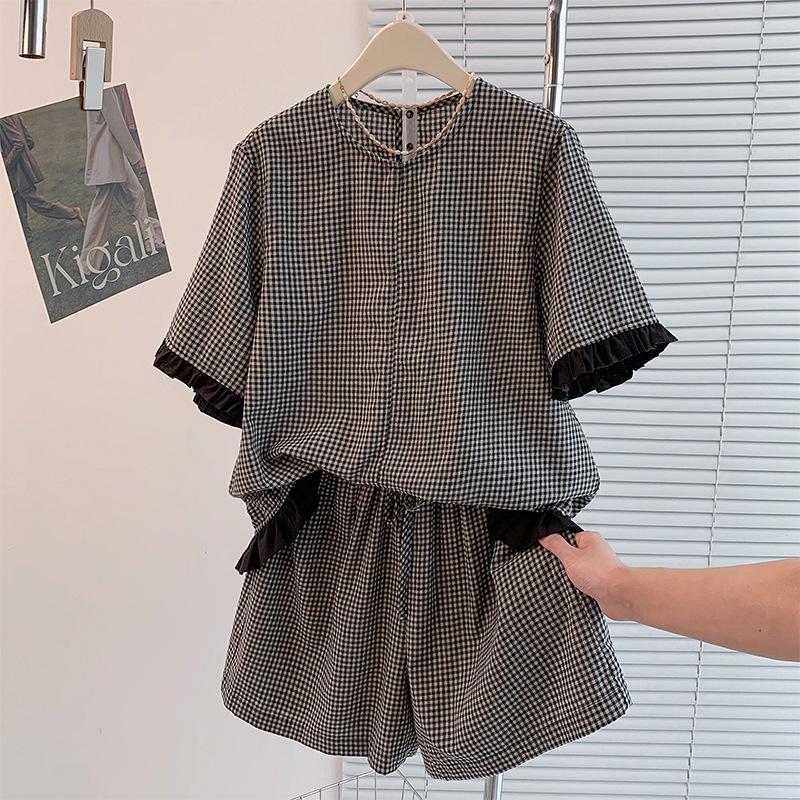 

Super Beautiful Plaid Lace Set: Short-Sleeved Shirt & Shorts - Loose Casual Summer Style L