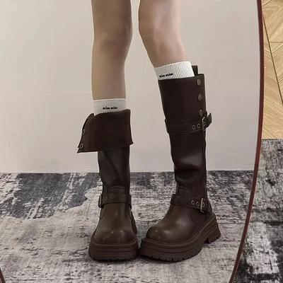 Schwarze Retro Damen Langstiefel Doppeltrage Hochschaft Ritterstil Dicke Sohle Frühling Herbst Nicht-Kniehohe Absatzschuhe
