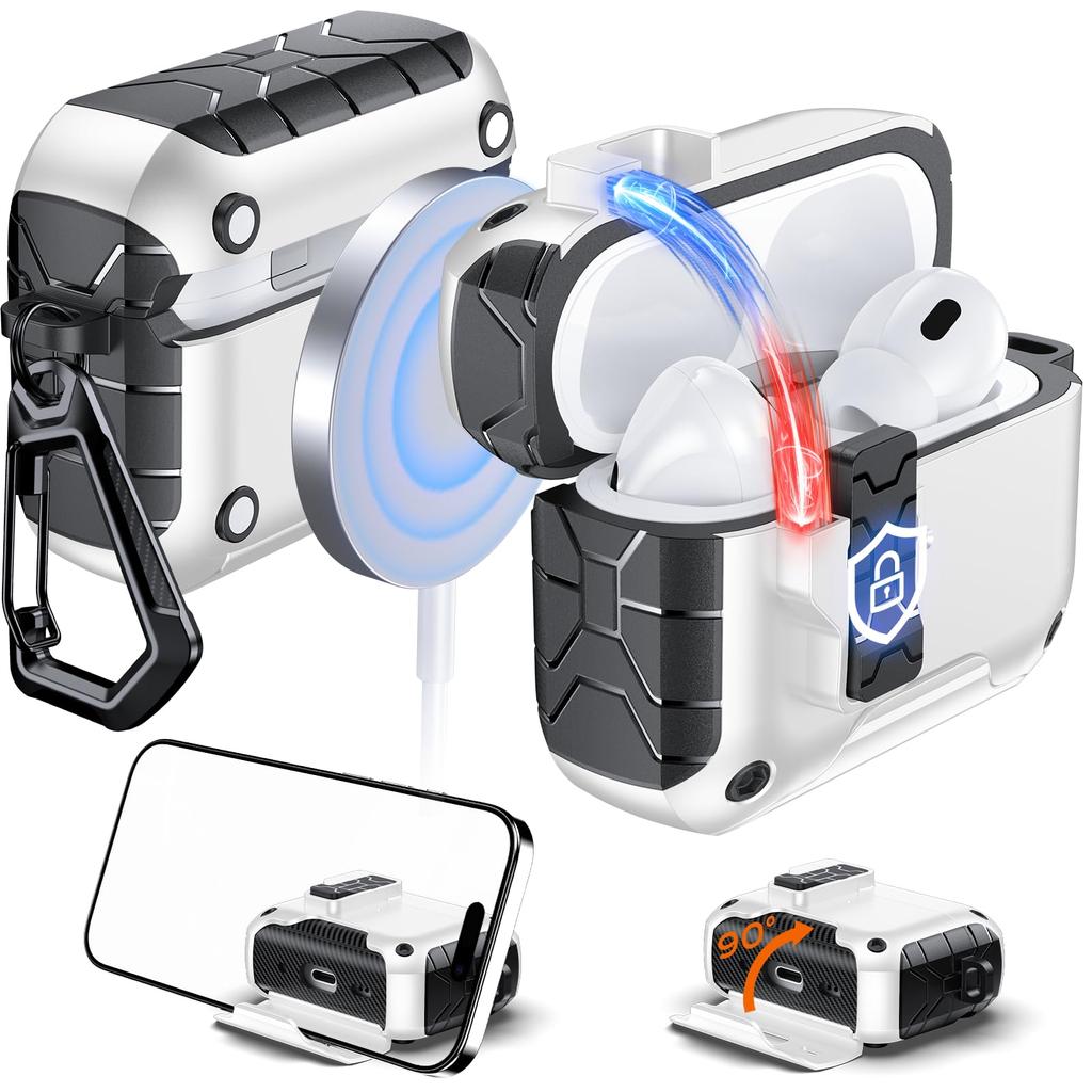 Transparente Hülle für AirPods Pro 3 Hülle mit Handyhalterung und Sicherheitsverschluss Automatisches Aufklappdeckeldesign mit Reinigungsstiftabdeckung für AirPods Pro 3