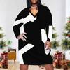 Women Plus Size V Neck Long Sleeve Black White Printed Fitted Straight Midi Dress