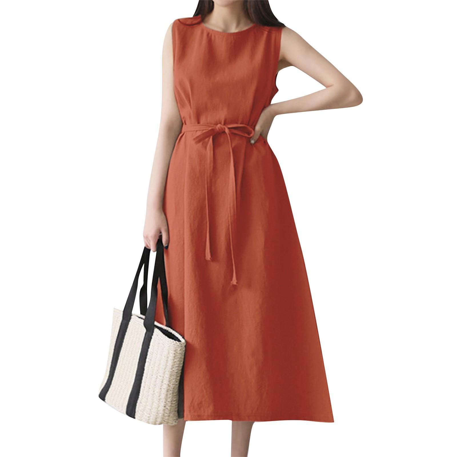 

Женские модные свободные богемные платья без рукавов с круглым вырезом, однотонные, из хлопка и льна, с поясом, длинные платья без рукавов XL оранжевый