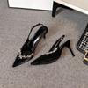 Temperament Rhinestone Thin Heel Commuter Pointed High Heels Women's Summer Wear One Word with Bag Head Sandals