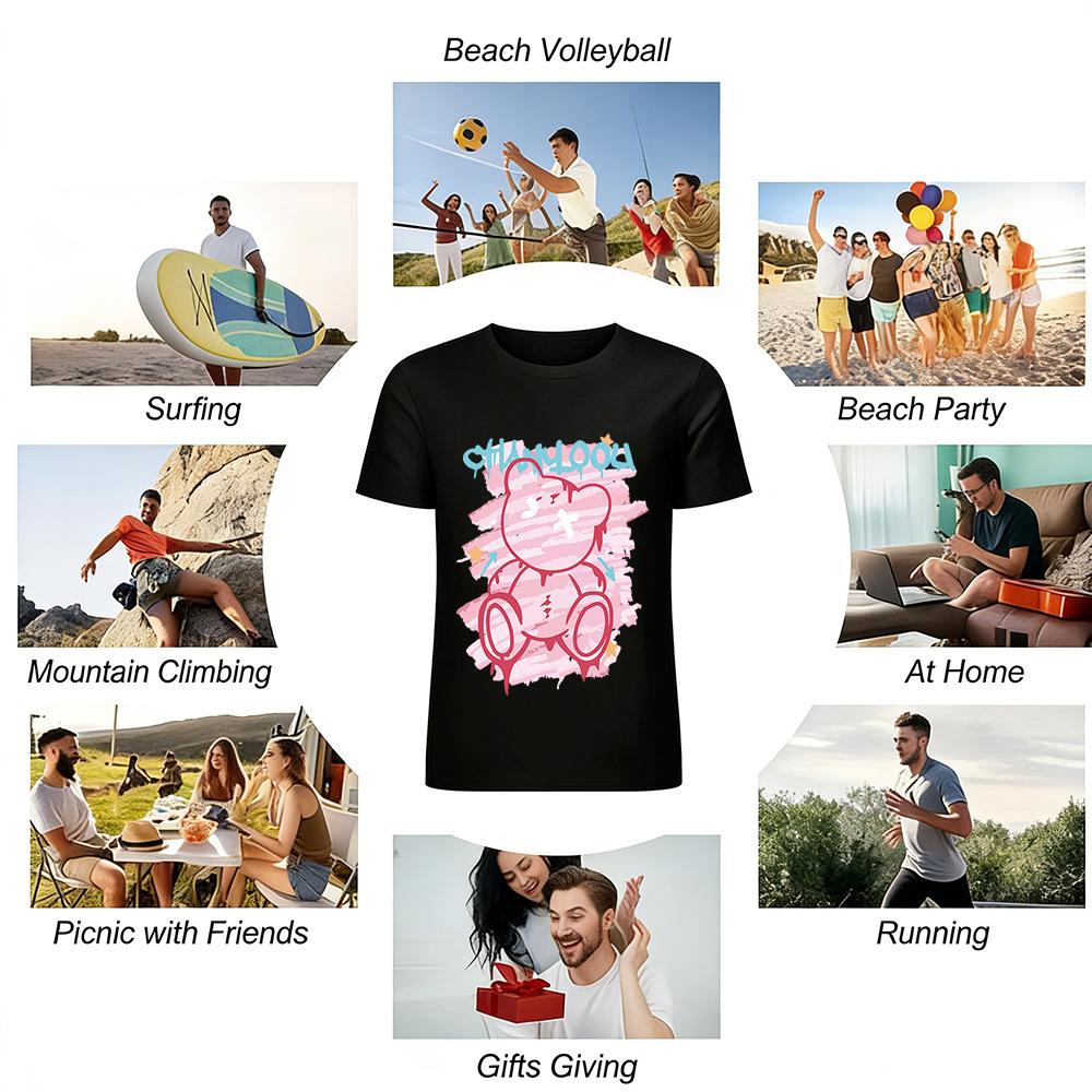Street Style Smudged Bear Print T-shirt Unisex Cool Graffiti Loose Casual Versatile Top Pure cotton T-shirt