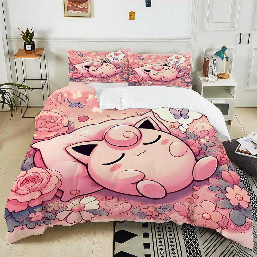 Next Day Shipping P0kem0n Jigglypuff Print Pink Bedding Set 3PC 1 Duvet Cover 2 Pillowcases Adult Kids Bedding Set Comforter Set