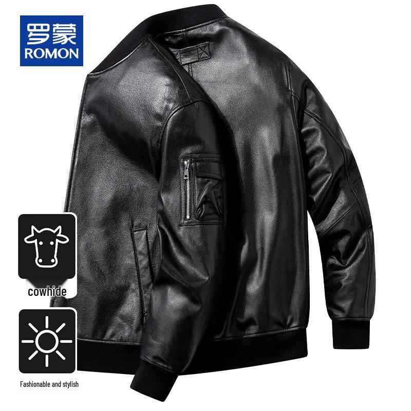 

ROMON Men s Genuine Leather Baseball Collar Jacket 4XL