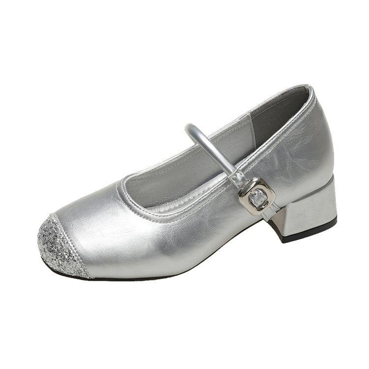 

Невидимая внутренняя высота 8 см. Неглубокий носок, толстый каблук, одинарные туфли, женские летние туфли Мэри Джейн с квадратным носком 35 серебряный