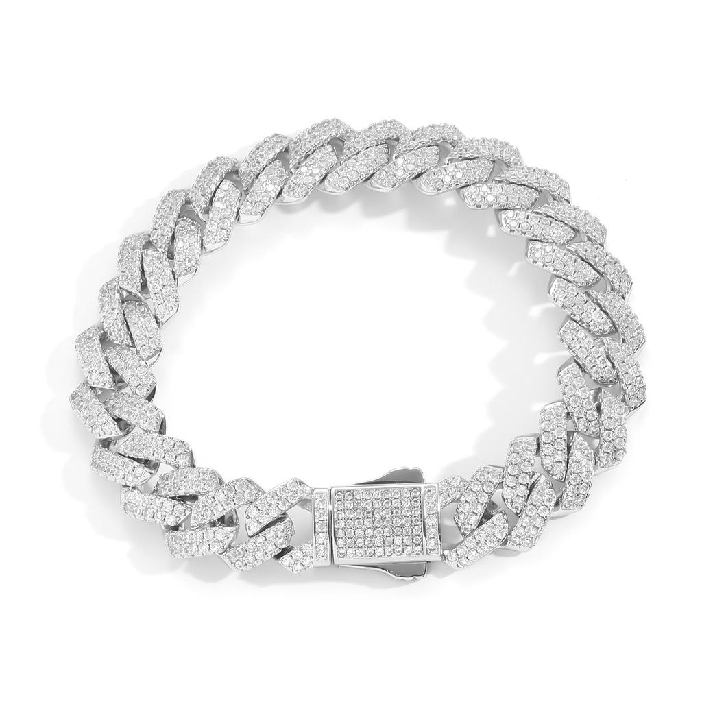 Hip Hop Jewelry Spring Clasp 13mm Rhombus Strip Cuban Link Bracelet Bling CZ Iced Out Prong Cuban Link Chain Bracelet