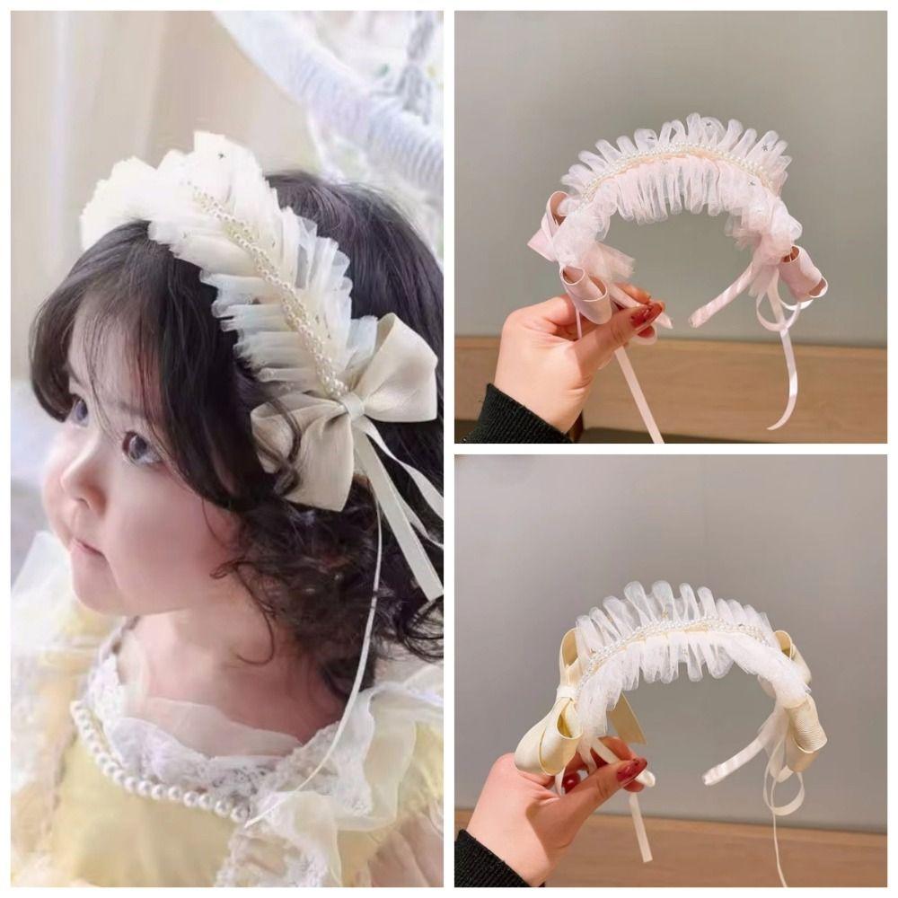 Sweet Bow Lace Headband Lolita Princess Hair Hoop Fashion Pearl Ribbon for Baby Girls