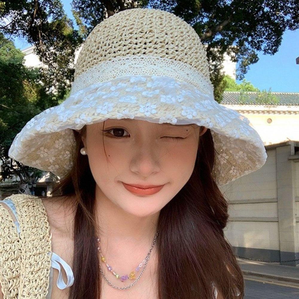 Ribbon Bow Straw Hat Crochet Beach Fisherman Hat Breathable Sunscreen Bucket Hat  Beach