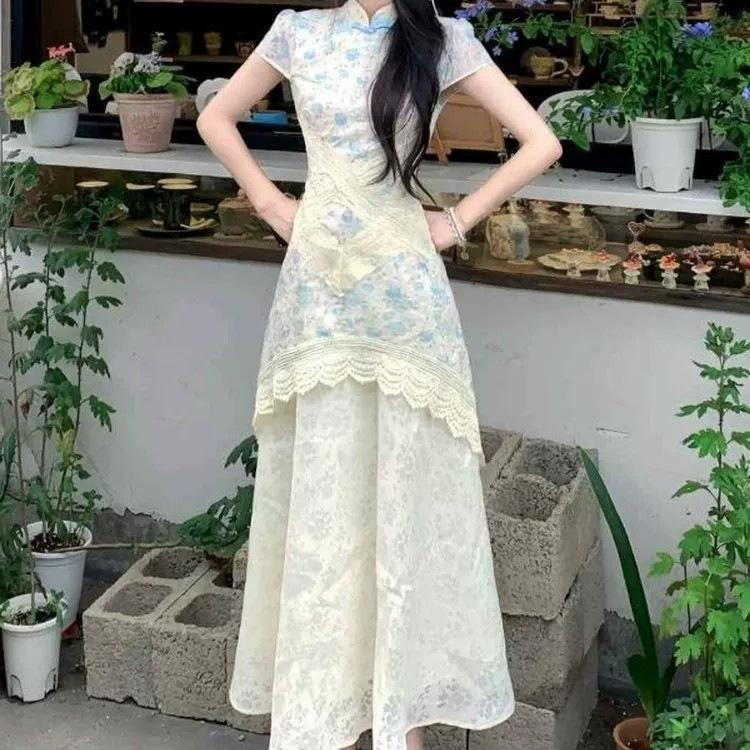 Chiffon Cover New Chinese Style Floral Improved Cheongsam Dress Beautiful Unique Splicing Waist Temperament Dress