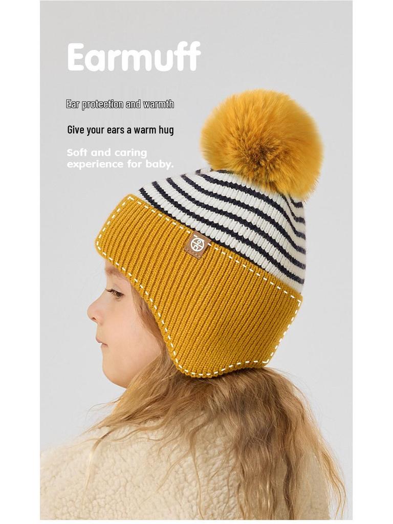 Kinder Pompon Ohrenklappenmütze, Schal & Handschuhe Set - Gestreckt gestrickt für Herbst- & Winterwärme