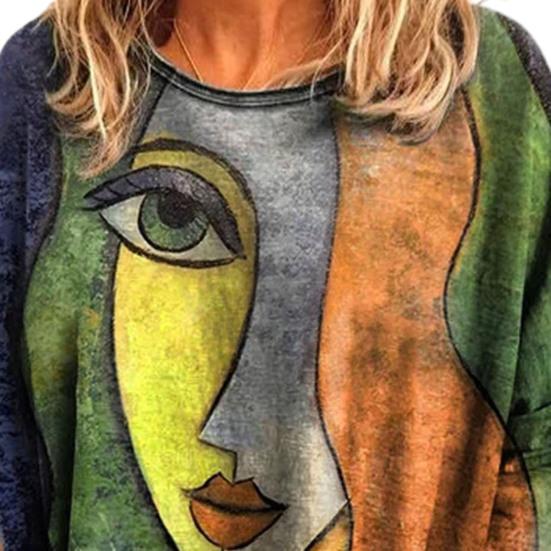 Teplá dámská halenka s výstřihem do O Módní abstraktní potisk obličeje Halenka s dlouhým rukávem Dámské oblečení